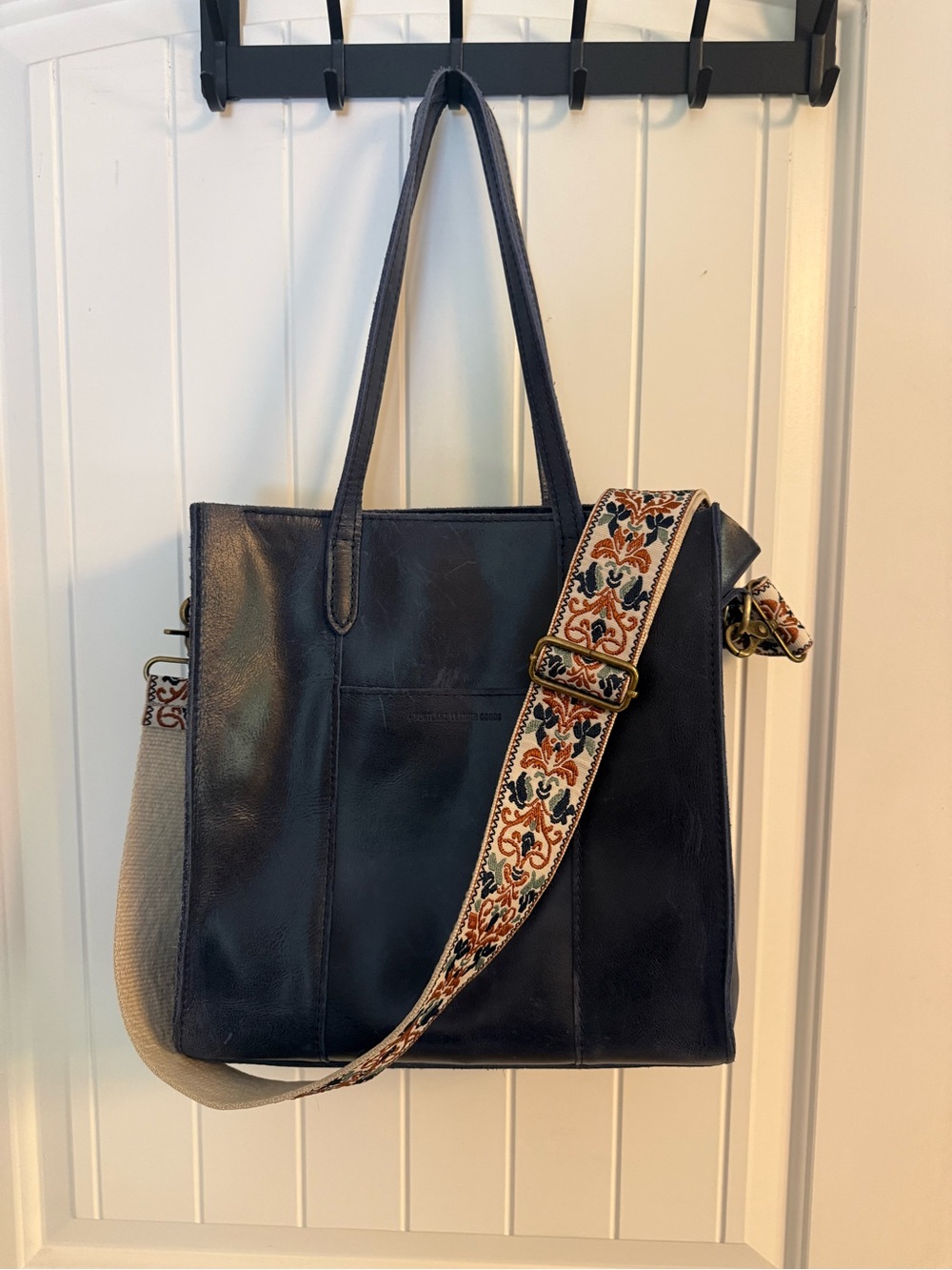 Portland Leather Dark Blue Large Lola Tote with Patterned Embroidered Strap